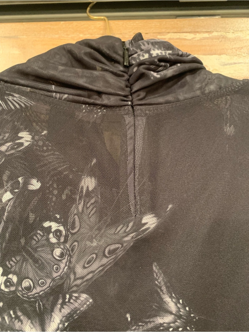 All Saints sheer mesh long sleeve top. Charcoal butterfly print. Cowl neck. - Picture 5 of 6